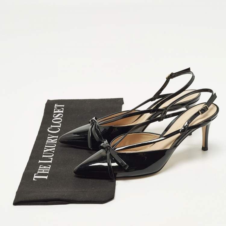 Pre Owned Gianvito Rossi Bow Size 37 Black Patent Leather Slingback Pumps