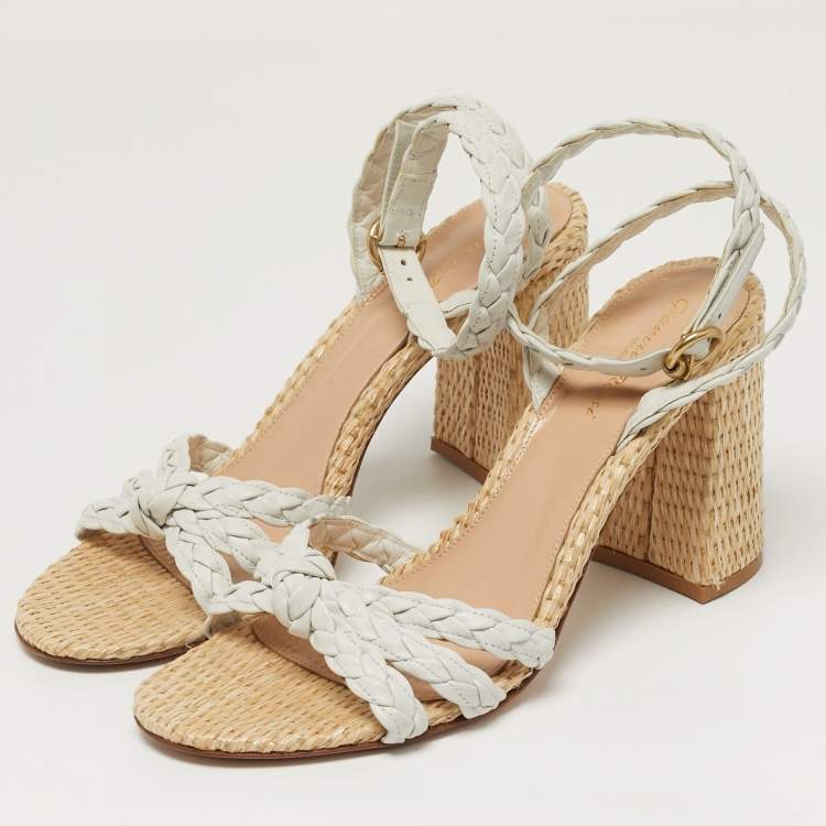 Pre Owned Gianvito Rossi Size 41.5 White Woven Leather Ankle Strap Block Heel Sandals