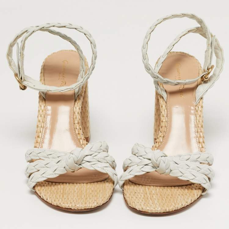 Pre Owned Gianvito Rossi Size 41.5 White Woven Leather Ankle Strap Block Heel Sandals