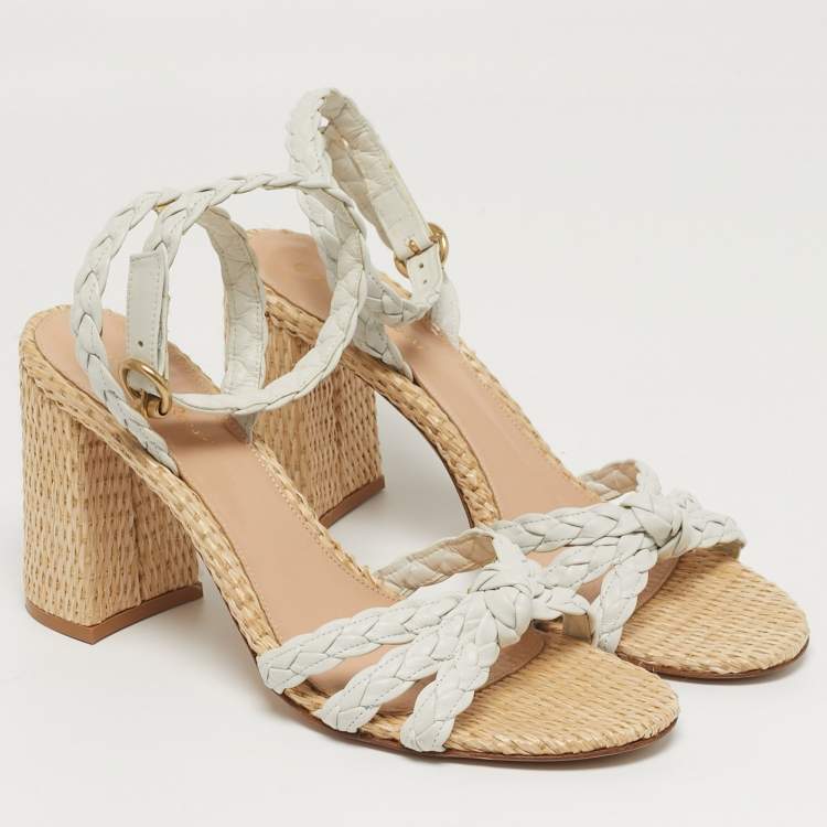 Pre Owned Gianvito Rossi Size 41.5 White Woven Leather Ankle Strap Block Heel Sandals