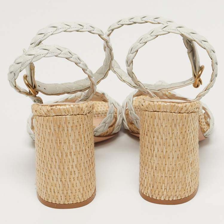 Pre Owned Gianvito Rossi Size 41.5 White Woven Leather Ankle Strap Block Heel Sandals