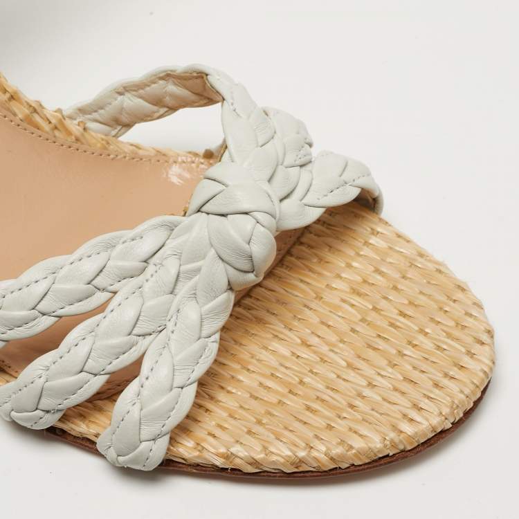 Pre Owned Gianvito Rossi Size 41.5 White Woven Leather Ankle Strap Block Heel Sandals