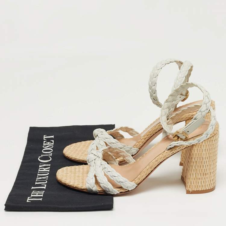 Pre Owned Gianvito Rossi Size 41.5 White Woven Leather Ankle Strap Block Heel Sandals
