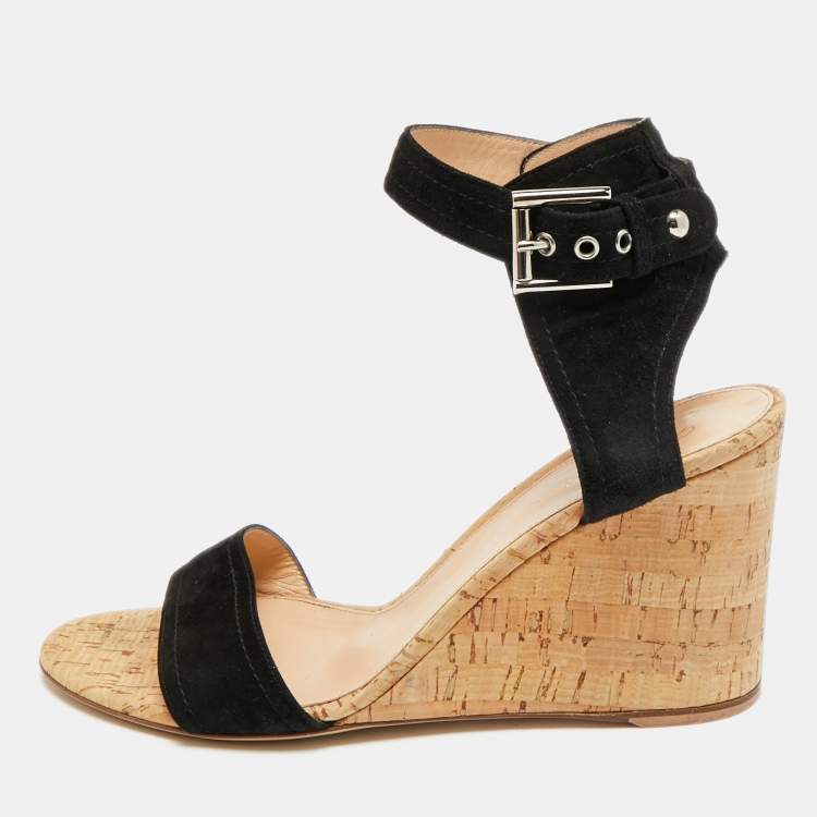 Pre Owned Gianvito Rossi Size 41 Black Suede Cork Wedge Sandals