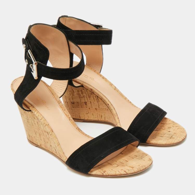 Pre Owned Gianvito Rossi Size 41 Black Suede Cork Wedge Sandals