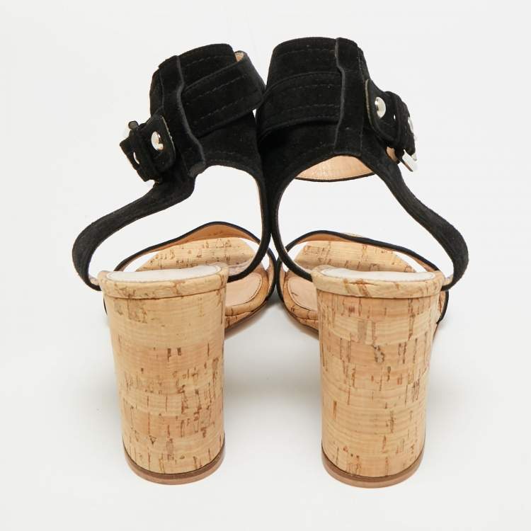 Pre Owned Gianvito Rossi Size 41 Black Suede Cork Wedge Sandals