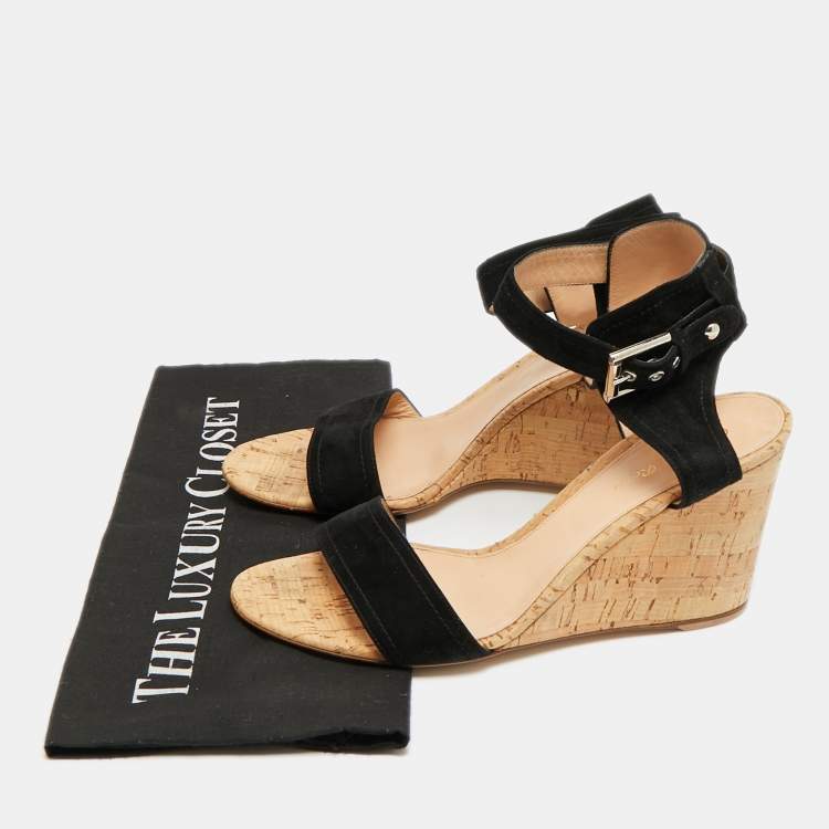 Pre Owned Gianvito Rossi Size 41 Black Suede Cork Wedge Sandals