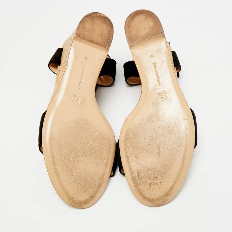 Pre Owned Gianvito Rossi Size 41 Black Suede Cork Wedge Sandals