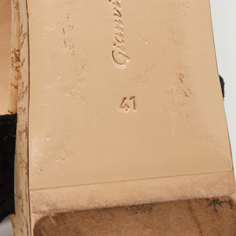 Pre Owned Gianvito Rossi Size 41 Black Suede Cork Wedge Sandals