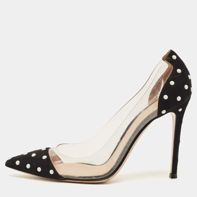 مملوكة مسبقًا Gianvito Rossi Size 38.5 Black/White Studded Suede and PVC Plexi Pumps 