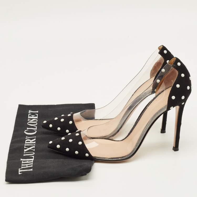 مملوكة مسبقًا Gianvito Rossi Size 38.5 Black/White Studded Suede and PVC Plexi Pumps 