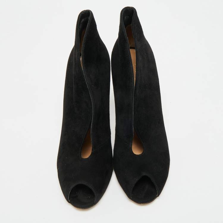 Pre Owned Gianvito Rossi Vamp Size 37 Black Suede Peep Toe Booties