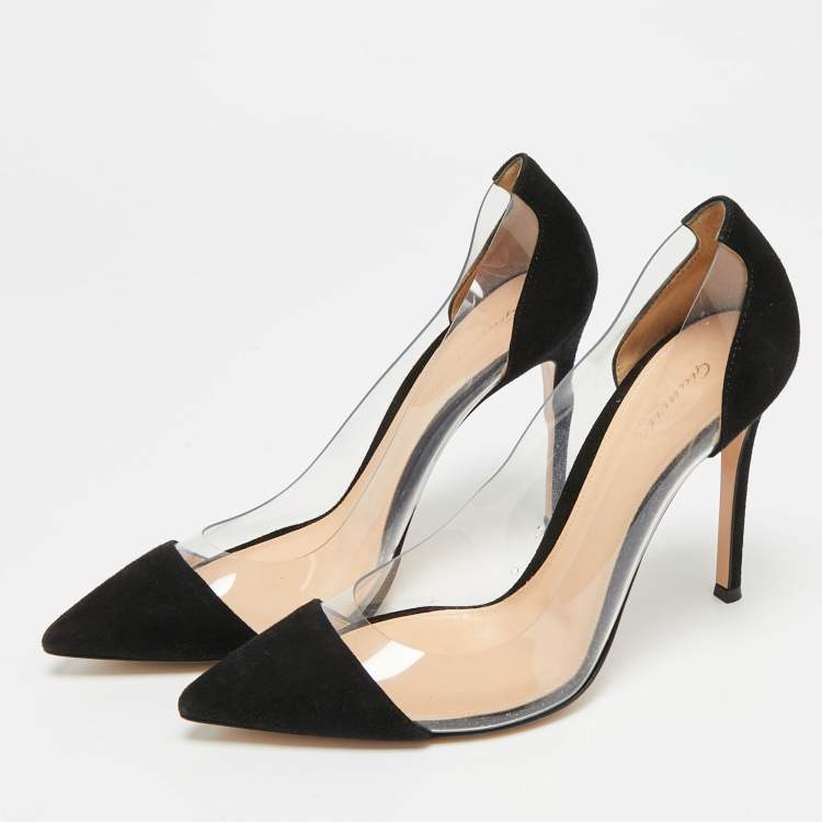 Pre Owned Gianvito Rossi Plexi Size 37.5 Black/Transparent Suede and PVC Pointed Toe Pumps