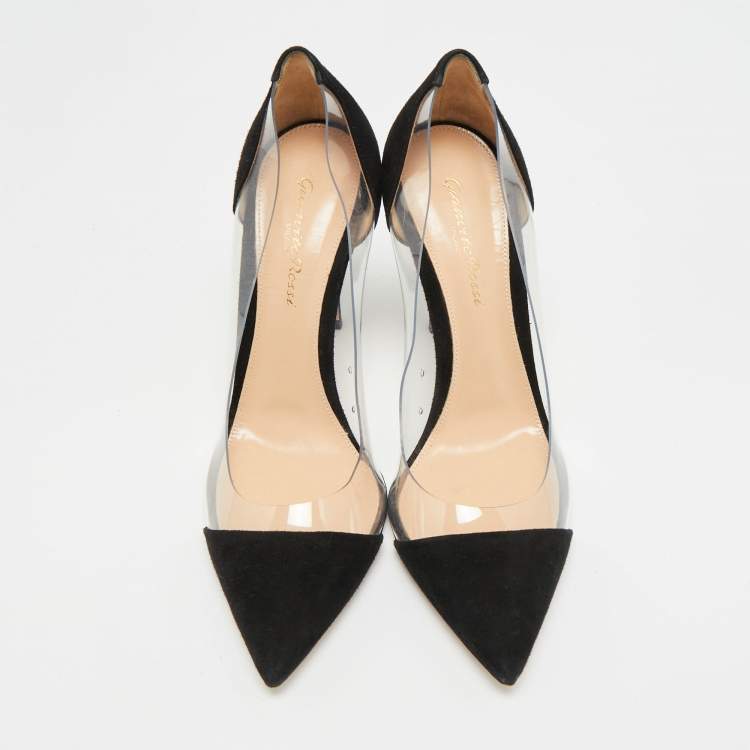 Pre Owned Gianvito Rossi Plexi Size 37.5 Black/Transparent Suede and PVC Pointed Toe Pumps