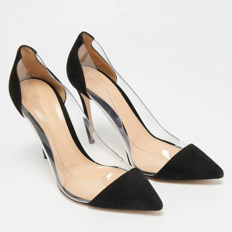 Pre Owned Gianvito Rossi Plexi Size 37.5 Black/Transparent Suede and PVC Pointed Toe Pumps