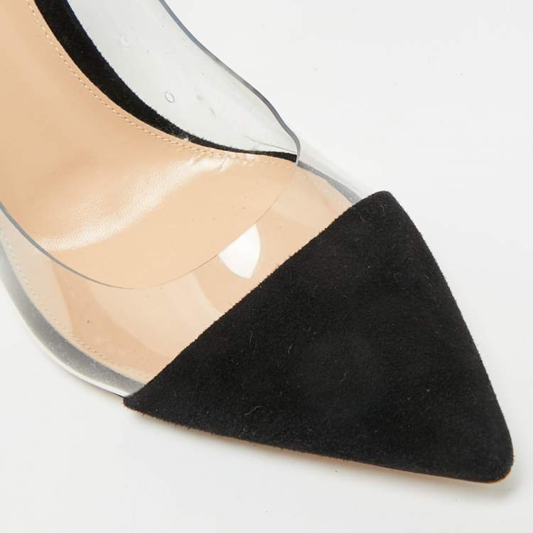 Pre Owned Gianvito Rossi Plexi Size 37.5 Black/Transparent Suede and PVC Pointed Toe Pumps