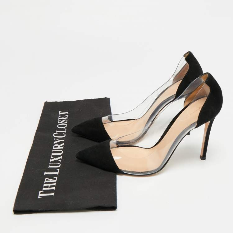 Pre Owned Gianvito Rossi Plexi Size 37.5 Black/Transparent Suede and PVC Pointed Toe Pumps