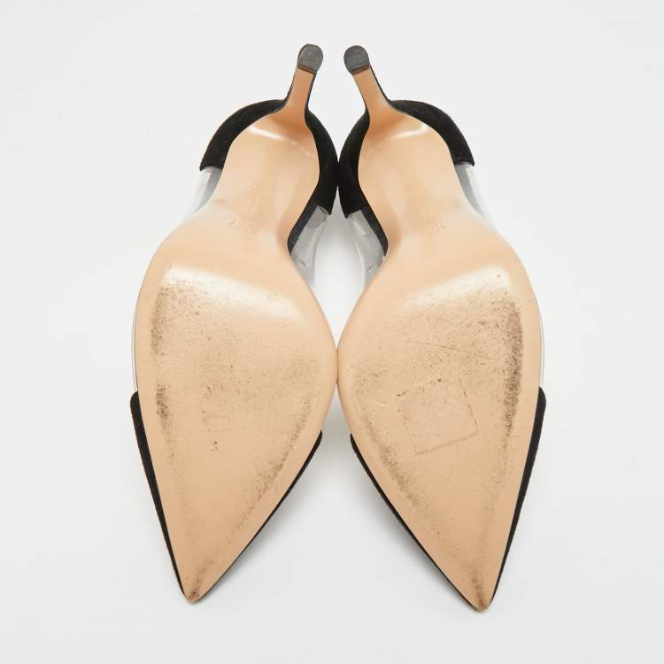 Pre Owned Gianvito Rossi Plexi Size 37.5 Black/Transparent Suede and PVC Pointed Toe Pumps