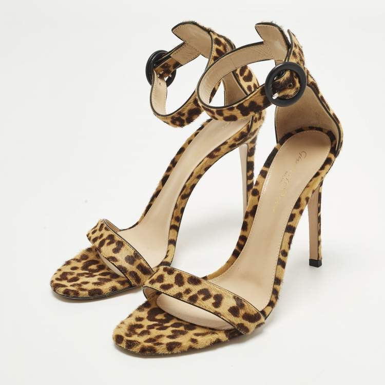 Pre Owned Gianvito Rossi Portofino Size 37 Brown Calf Hair Ankle Strap Sandals