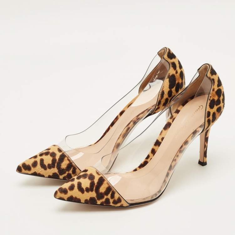 Pre Owned Gianvito Rossi Plexi Size 38 Brown/Transparent Leopard Print Calf Hair and PVC Pumps
