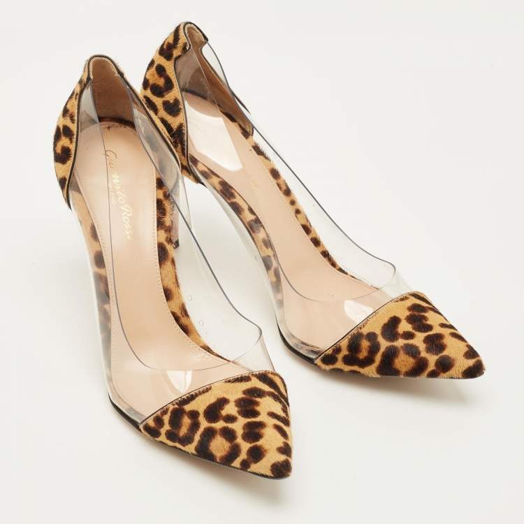 Pre Owned Gianvito Rossi Plexi Size 38 Brown/Transparent Leopard Print Calf Hair and PVC Pumps