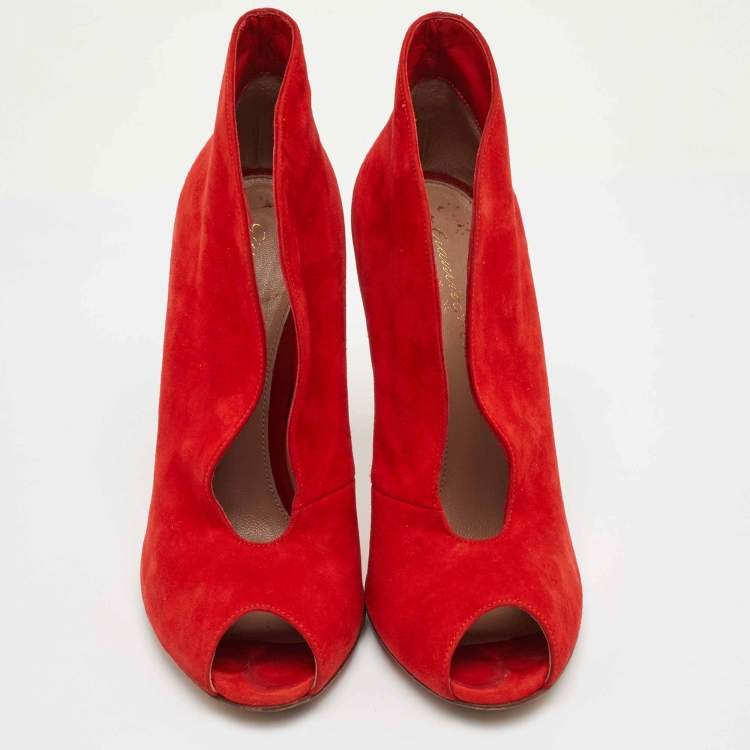 Pre Owned Gianvito Rossi Vamp Size 37 Bright Red Suede Peep Toe Ankle Booties