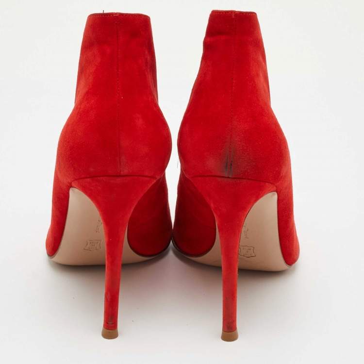 Pre Owned Gianvito Rossi Vamp Size 37 Bright Red Suede Peep Toe Ankle Booties