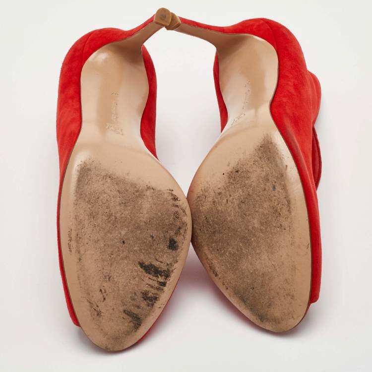 Pre Owned Gianvito Rossi Vamp Size 37 Bright Red Suede Peep Toe Ankle Booties