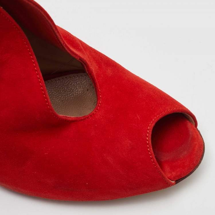 Pre Owned Gianvito Rossi Vamp Size 37 Bright Red Suede Peep Toe Ankle Booties