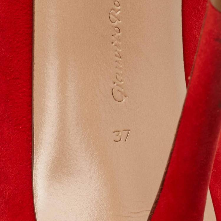 Pre Owned Gianvito Rossi Vamp Size 37 Bright Red Suede Peep Toe Ankle Booties