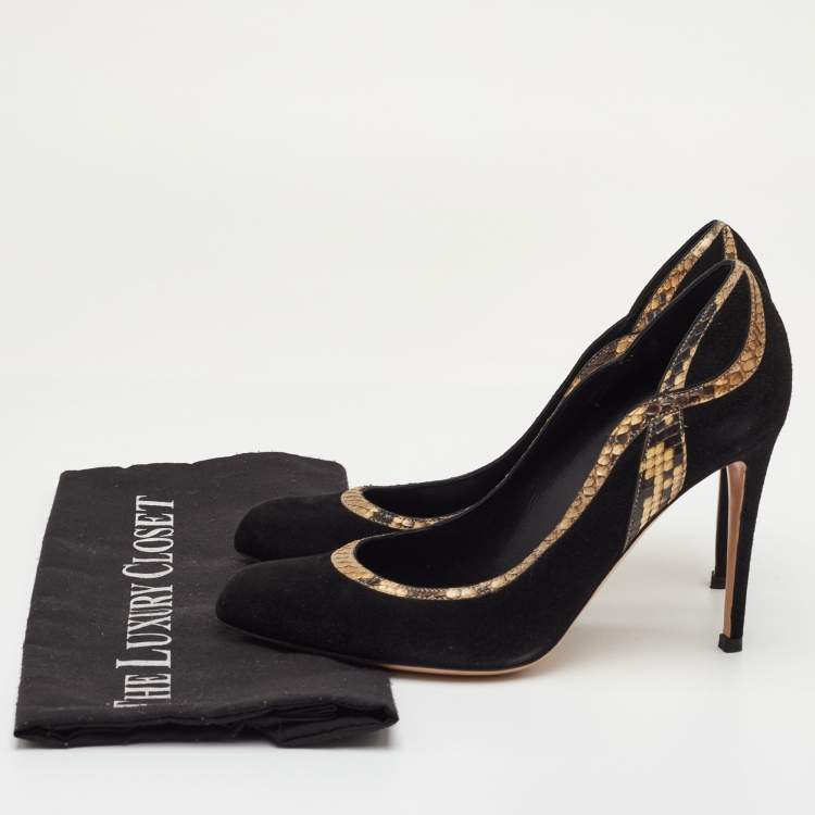 Pre Owned Gianvito Rossi Size 39 Black Suede and Snakeskin Pumps