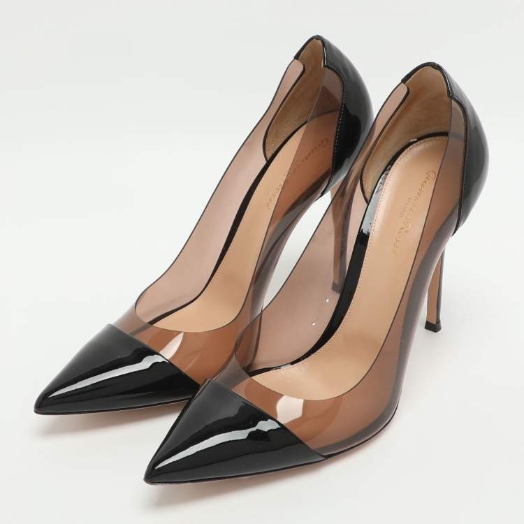 Pre Owned Gianvito Rossi Plexi Size 42 Black Patent Leather and PVC Pointed Toe Pumps 