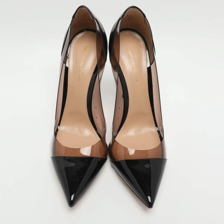 Pre Owned Gianvito Rossi Plexi Size 42 Black Patent Leather and PVC Pointed Toe Pumps 