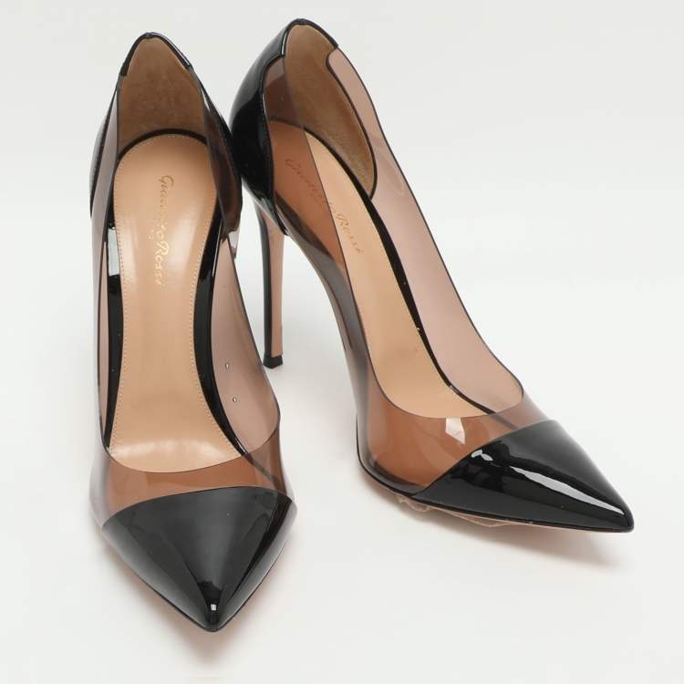 Pre Owned Gianvito Rossi Plexi Size 42 Black Patent Leather and PVC Pointed Toe Pumps 