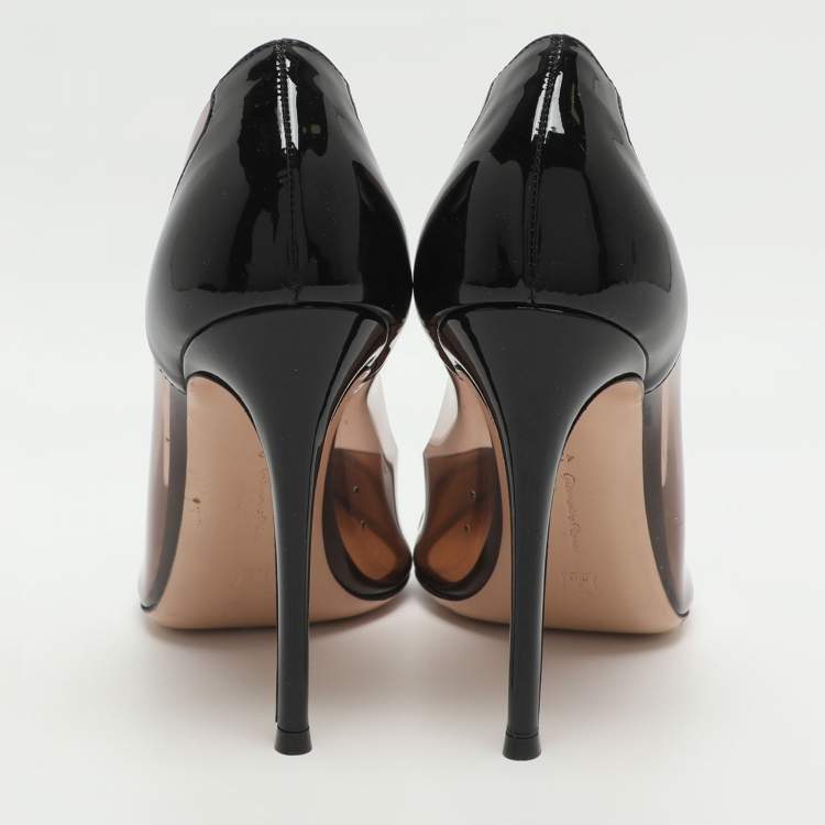 Pre Owned Gianvito Rossi Plexi Size 42 Black Patent Leather and PVC Pointed Toe Pumps 