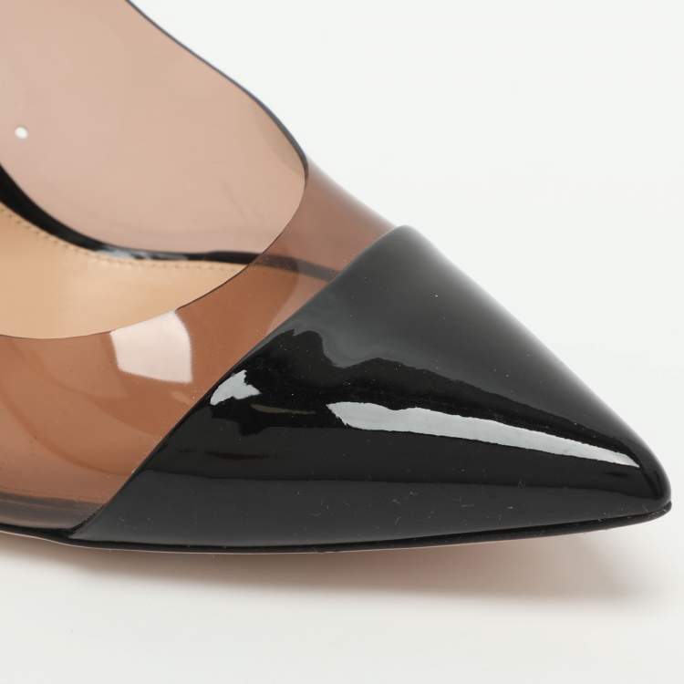 Pre Owned Gianvito Rossi Plexi Size 42 Black Patent Leather and PVC Pointed Toe Pumps 