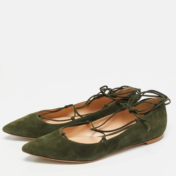 Pre Owned Gianvito Rossi Size 39.5 Green Suede Femi Ankle Tie Ballet Flats