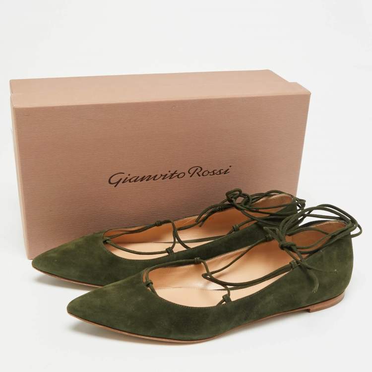 Pre Owned Gianvito Rossi Size 39.5 Green Suede Femi Ankle Tie Ballet Flats