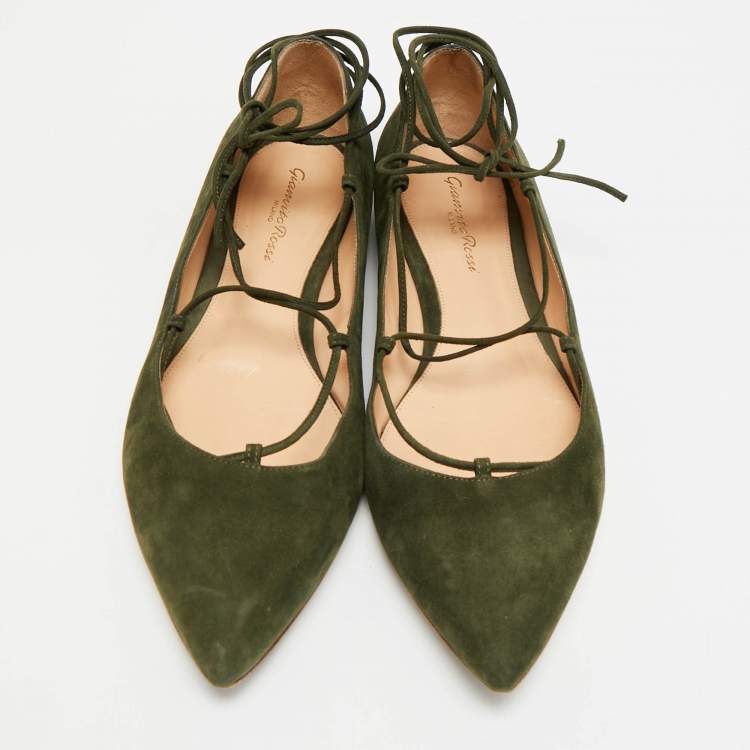 Pre Owned Gianvito Rossi Size 39.5 Green Suede Femi Ankle Tie Ballet Flats