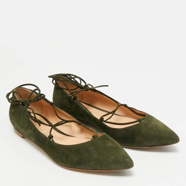 Pre Owned Gianvito Rossi Size 39.5 Green Suede Femi Ankle Tie Ballet Flats