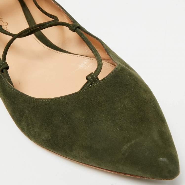 Pre Owned Gianvito Rossi Size 39.5 Green Suede Femi Ankle Tie Ballet Flats