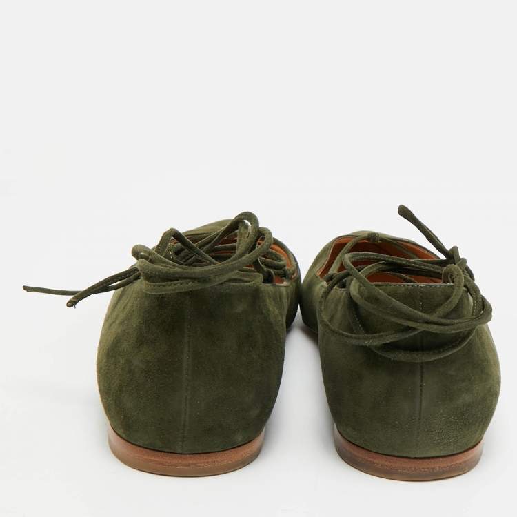 Pre Owned Gianvito Rossi Size 39.5 Green Suede Femi Ankle Tie Ballet Flats