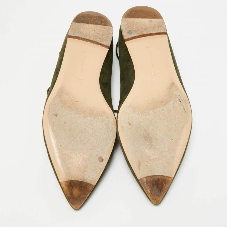 Pre Owned Gianvito Rossi Size 39.5 Green Suede Femi Ankle Tie Ballet Flats