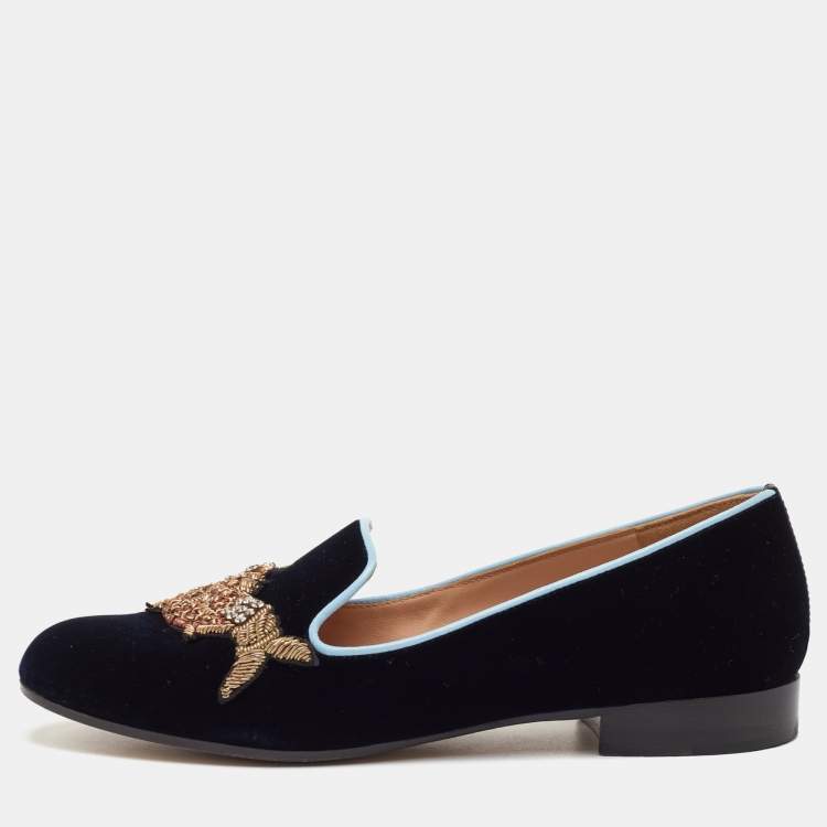 Pre Owned Gianvito Rossi x Mary Katrantzou Size 37 Navy Blue Velvet Fish Embroidered Slip On Loafers