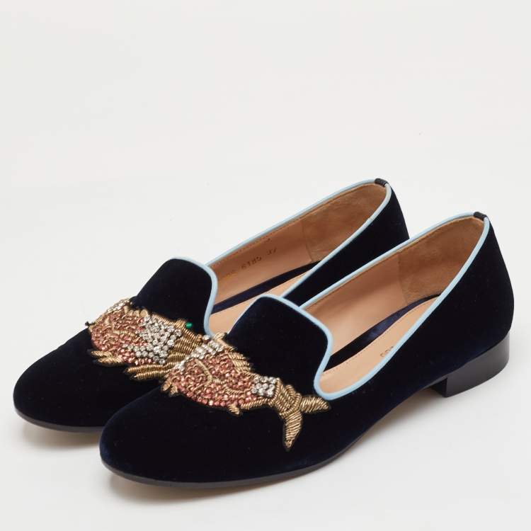 Pre Owned Gianvito Rossi x Mary Katrantzou Size 37 Navy Blue Velvet Fish Embroidered Slip On Loafers