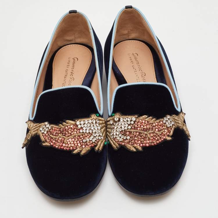 Pre Owned Gianvito Rossi x Mary Katrantzou Size 37 Navy Blue Velvet Fish Embroidered Slip On Loafers