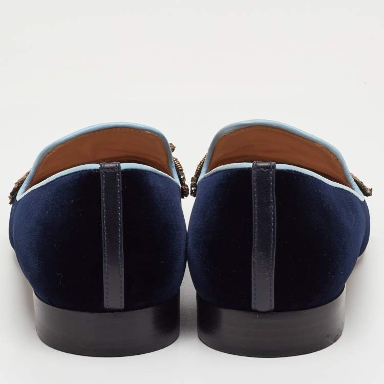 Pre Owned Gianvito Rossi x Mary Katrantzou Size 37 Navy Blue Velvet Fish Embroidered Slip On Loafers