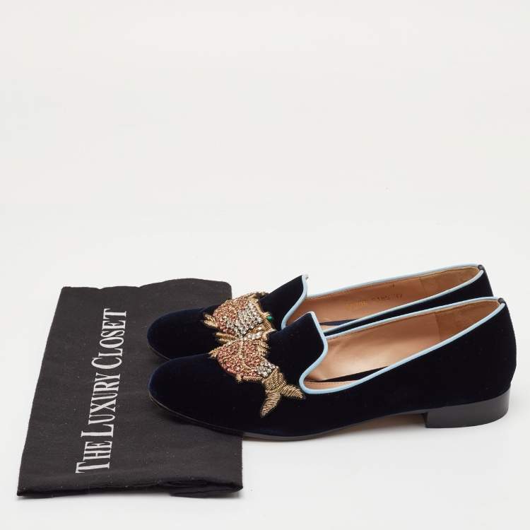 Pre Owned Gianvito Rossi x Mary Katrantzou Size 37 Navy Blue Velvet Fish Embroidered Slip On Loafers
