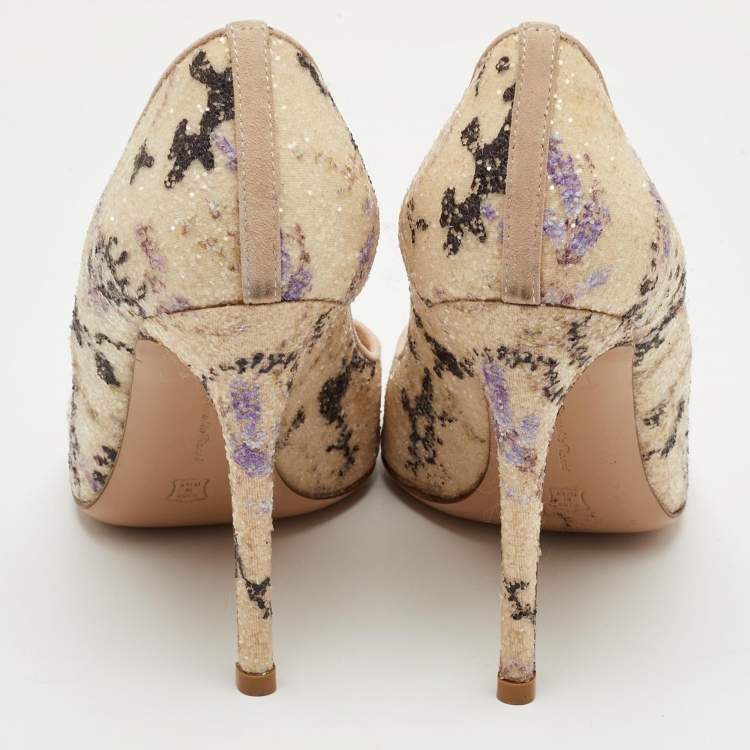 Pre Owned Gianvito Rossi Size 37.5 Multicolour Print Sequin Fabric Pointed Toe Pumps
