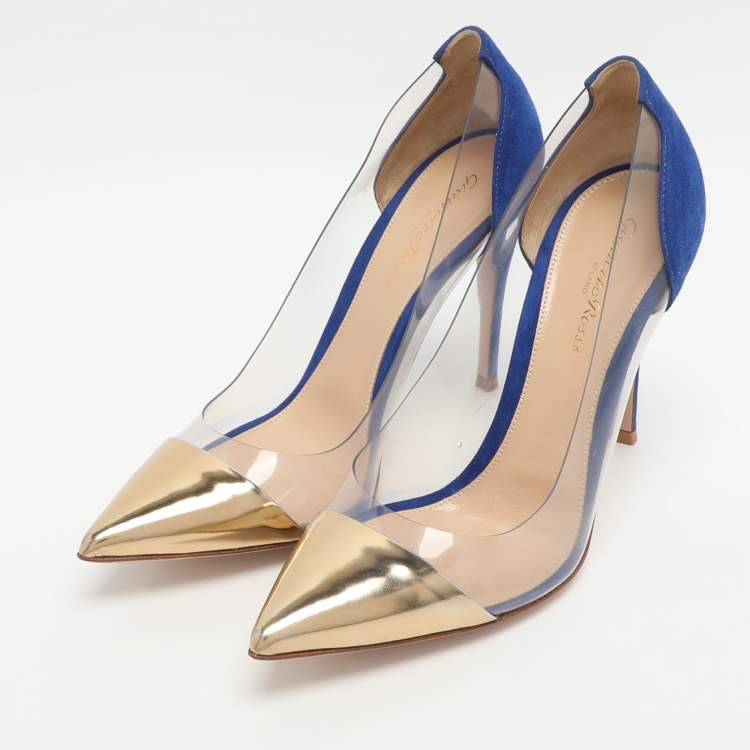 Pre Owned Gianvito Rossi Plexi Size 38.5 Blue/Gold PVC and Suede Pumps